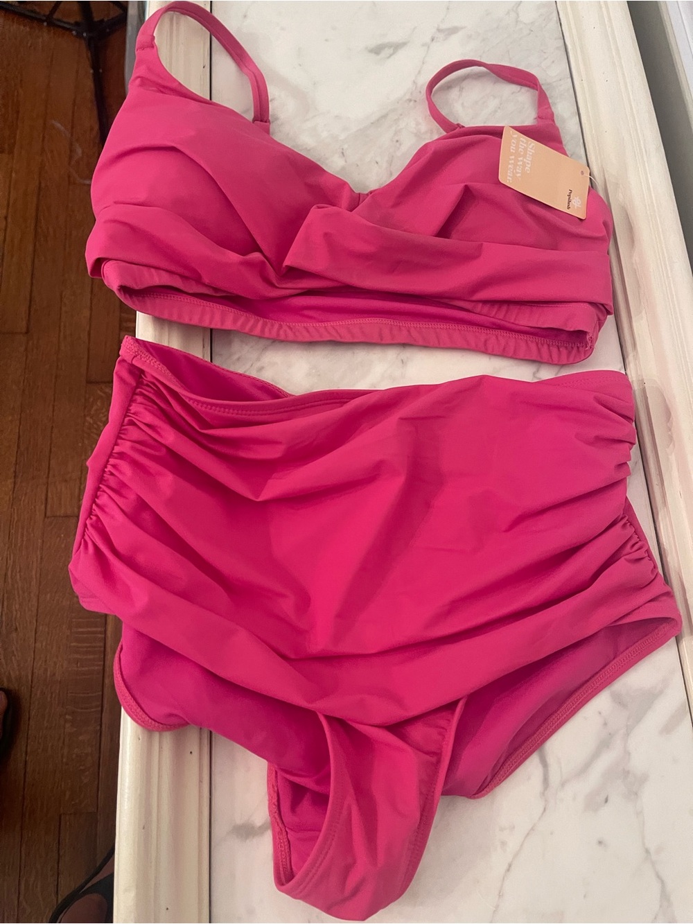 High-Waist Ruched Bikini Set in Hot Pink